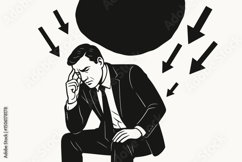 Stressed businessman under pressure with heavy burden and downward arrows representing overwhelming corporate responsibility and work stress vector illustration
