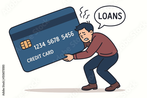 Overwhelmed businessman struggling with heavy credit card debt burden vector illustration showing financial stress and loan pressure concept