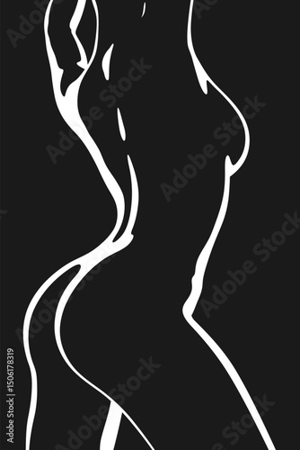 Minimalist black and white artwork of beautiful curvy woman body. Femininity aesthetic concept with stylized female figure. Graceful curved elegant white lines forming a stylized female figure. Vector
