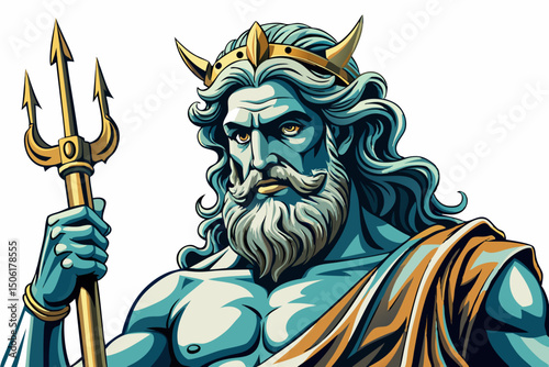 Close up of The ancient statue of god of seas and oceans Neptune on the white isolated background	