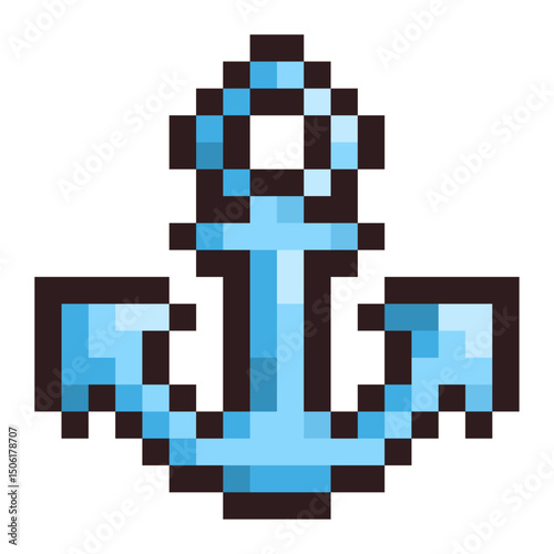 Pixel illustration of a blue anchor in retro 8-bit style. Perfect for summer, nautical, ocean, and marine-themed projects, as well as games, pixel collections, and seaside adventure content.