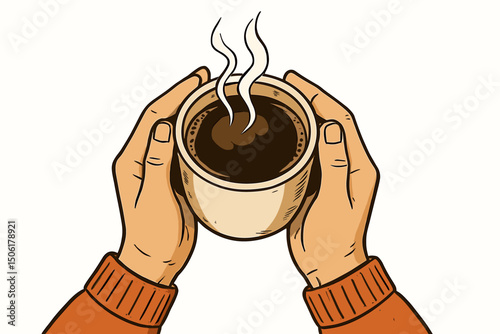 Warm caring hands holding steaming hot coffee cup with rising steam vector illustration perfect for morning comfort cozy autumn winter lifestyle beverage design commercial use