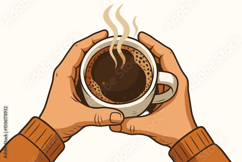Warm hands cupping steaming hot coffee mug vector illustration - cozy morning comfort drink concept for cafe, breakfast and beverage design