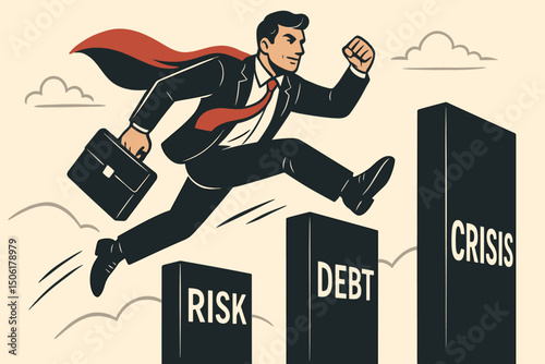 Superhero businessman leaping over financial obstacles crisis debt risk barriers with red cape briefcase vintage retro vector illustration