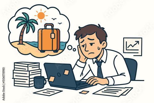 Exhausted office worker dreaming of tropical beach vacation escape while working at computer desk - employee burnout and travel fantasy vector concept