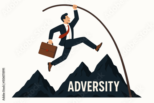 Determined businessman pole vaulting over adversity mountains with briefcase - overcoming business challenges and obstacles vector illustration concept