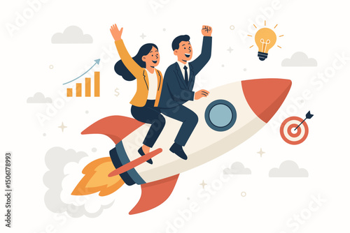 Successful business team celebrating startup growth riding rocket ship with innovation ideas, target goals and financial charts vector illustration