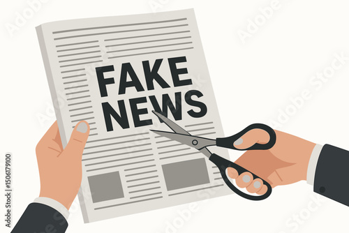 Businessman hands cutting fake news newspaper with scissors - misinformation censorship and media literacy concept vector illustration