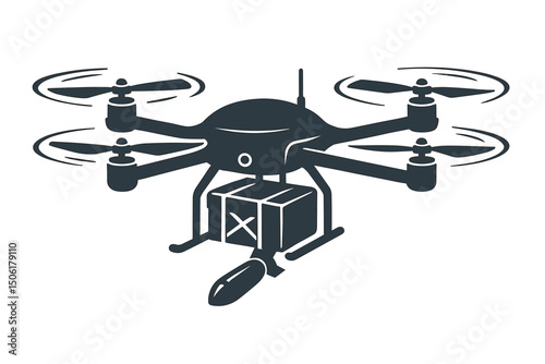 Military Drone Quadcopter Silhouette with Delivery Package and Weapon - Unmanned Aerial Vehicle Vector Icon for Warfare Technology and Combat Operations