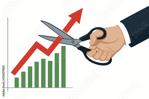 Professional businessman hand with scissors cutting upward red growth arrow above green rising bar chart representing economic intervention vector illustration