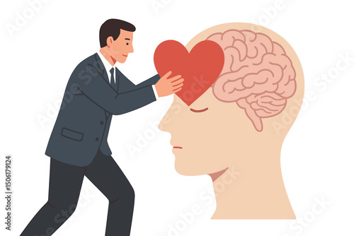 Business professional placing red heart on human head profile with visible brain representing emotional intelligence empathy and workplace mental health