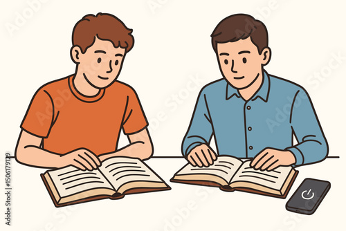 Two young male students reading books together at table, digital detox study session, focused learning without smartphone distraction vector illustration