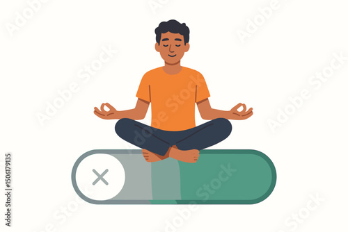 Peaceful man meditating in lotus position on large off switch button, digital detox concept vector illustration for wellness and mindfulness design