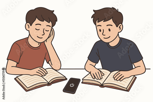 Two young students reading books together at table, focused studying session with smartphone aside, digital detox concept vector illustration