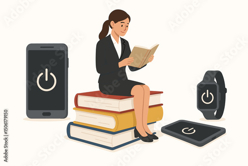Businesswoman enjoying digital detox moment reading book surrounded by turned off electronic devices smartphone tablet smartwatch vector illustration