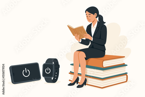 Professional businesswoman practicing digital detox reading book while sitting on stack of books with turned off tablet and smartwatch devices nearby
