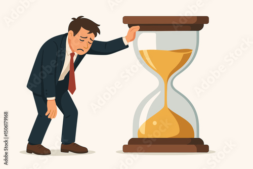 Stressed businessman touching large hourglass timer representing urgent deadline pressure, time crunch and overwhelming workload in corporate business environment