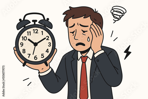 Overwhelmed businessman holding alarm clock showing work deadline pressure anxiety stress time management panic professional office worker vector illustration