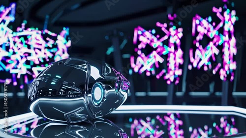 Chrome Robotic Head in Neon Sci-Fi Hangar – Futuristic Robot Visual for Technology, Robotics, and Entertainment Design

