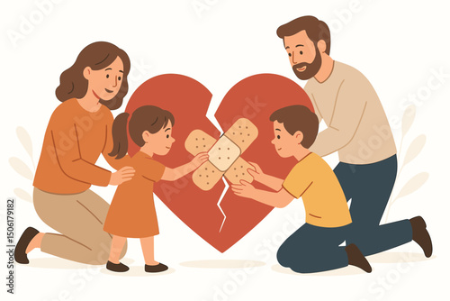 Loving family working together to heal cracked heart with bandages, emotional support, unity, reconciliation and family bonds vector illustration
