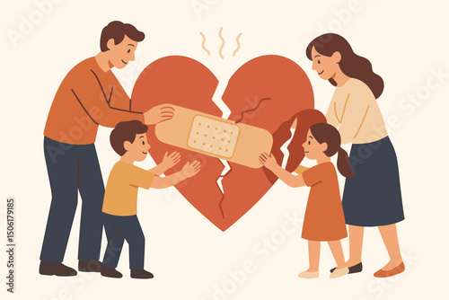 Family healing broken heart together with bandage - happy parents and children restoring love unity emotional wellness therapy concept vector illustration