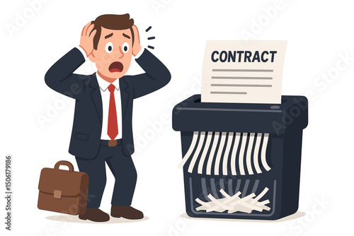 Shocked businessman in suit discovering important contract being shredded in paper shredder, depicting business mistake and document destruction anxiety