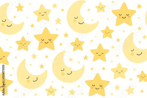 Cute kawaii seamless pattern with smiling yellow moons and stars, adorable baby nursery design vector illustration for children's decor and textile