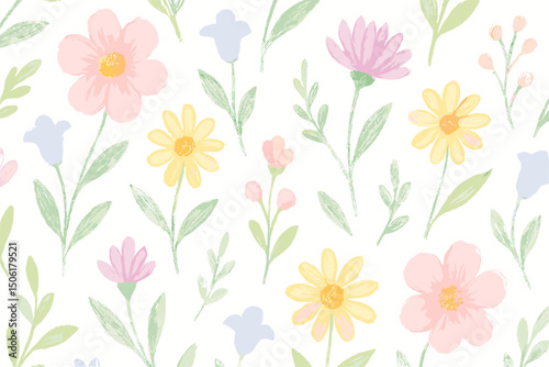 Wallpaper Mural Soft watercolor hand-drawn floral seamless pattern pastel pink yellow blue daisies cosmos wildflowers botanical spring background wallpaper Torontodigital.ca