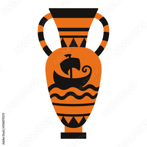 Ancient Greek amphora illustration featuring a sailing ship and wave motifs in traditional black and orange. Great for themes focused on mythology, maritime history, archaeology, and culture.