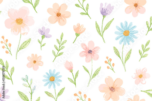 Delicate pastel watercolor floral seamless pattern with hand-drawn spring flowers daisies botanical elements and green leaves vector illustration background