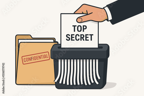 Business executive hand feeding confidential top secret documents into office paper shredder for secure data destruction and privacy vector illustration