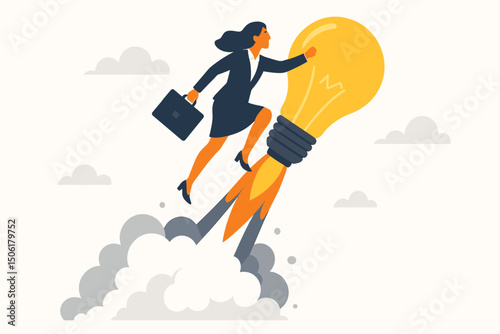 Dynamic businesswoman soaring through clouds on glowing lightbulb rocket with briefcase - innovative startup success breakthrough concept vector illustration