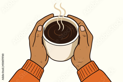 Warm protective hands in orange knitted sweater sleeves holding steaming coffee cup with rising steam - cozy morning comfort vector illustration
