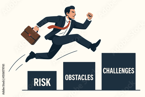 Determined businessman leaping over risk obstacles and challenges carrying briefcase - entrepreneurial courage and success achievement concept vector