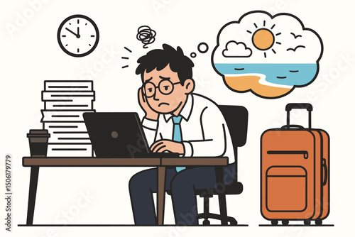 Overwhelmed office worker dreaming of tropical beach vacation while surrounded by paperwork, laptop and suitcase ready for weekend getaway from stressful job