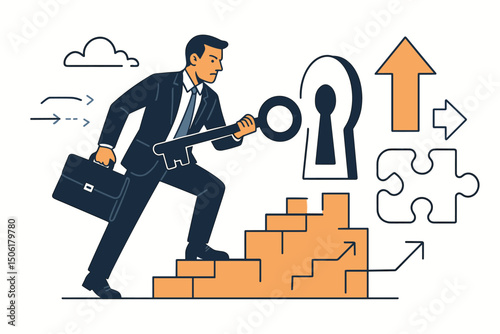Determined businessman climbing success stairs with giant key solution, pursuing corporate growth and breakthrough achievements in modern vector illustration