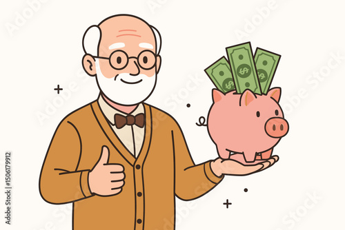 Happy senior man giving thumbs up while holding piggy bank with money bills - retirement savings and financial wisdom vector illustration