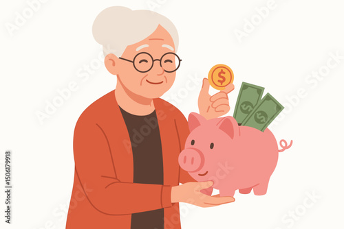 Happy elderly grandmother holding piggy bank with dollar bills and gold coin - retirement savings and financial security concept vector illustration