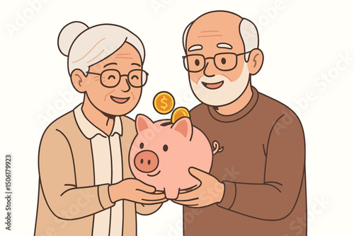Happy elderly couple holding piggy bank with dollar coins - retirement savings and financial planning vector illustration for senior citizens