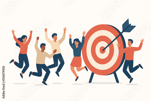 Diverse team celebrating successful goal achievement with bullseye target and arrow hit, business success vector illustration showing joyful people jumping