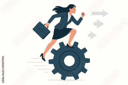 Dynamic businesswoman running on large gear cog with briefcase and arrows representing efficiency, productivity and forward career progression