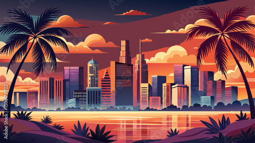 The Miami, Florida skyline glows at sunset, casting warm hues over the bay. Framed by swaying palm trees, the view captures the city's iconic coastal charm and tropical elegance.