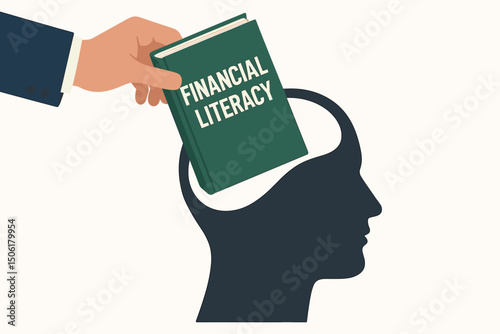 Financial education concept showing hand placing literacy book into open human mind for business knowledge transfer and investment learning vector illustration