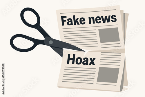 Scissors cutting through fake news newspaper revealing hoax headlines - concept of fighting misinformation and media manipulation vector illustration