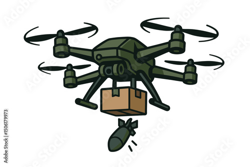 Military tactical drone with delivery package and bomb payload - olive green camouflage quadcopter UAV vector illustration for warfare technology concept