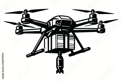 Professional military cargo drone vector silhouette delivering package payload - unmanned aerial vehicle UAV logistics transportation illustration