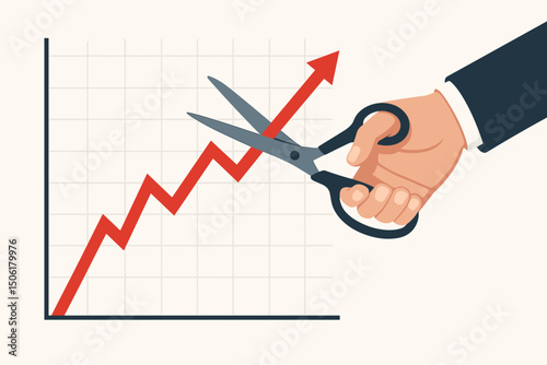 Businessman cutting upward trending red arrow with scissors - financial crisis, economic downturn and business disruption concept vector