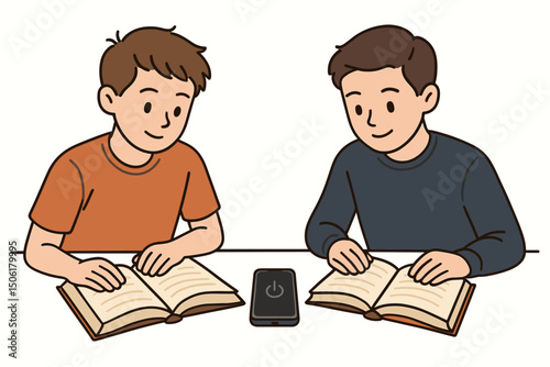Two young men students practicing digital detox while studying together with books, smartphone turned off - focus concentration education vector illustration