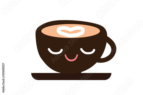 A charming illustration of a smiling coffee cup with heart latte art, perfect for cozy coffee breaks