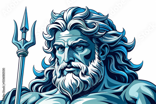 Close up of The ancient statue of god of seas and oceans Neptune on the white isolated background